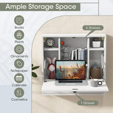 Tangkula Wall Mounted Desk, Folding Wall Table Floating Desk Wall Mount Laptop Desk, Space Saving Wall Mounted Table Wall Desk with Storage Drawer & Shelves (White) Tangkula