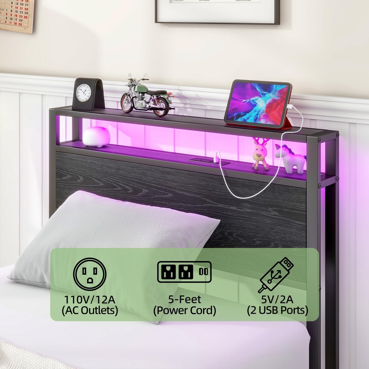 HOJINLINERO Twin Bed Frame with Storage Headboard/LED Lights,Metal Bed Frame Twin Size with Charging Station,Twin Platform Bed Frame No Box Spring Needed,Beds Base,Heavy Duty Metal Slats Support,Black HOJINLINERO