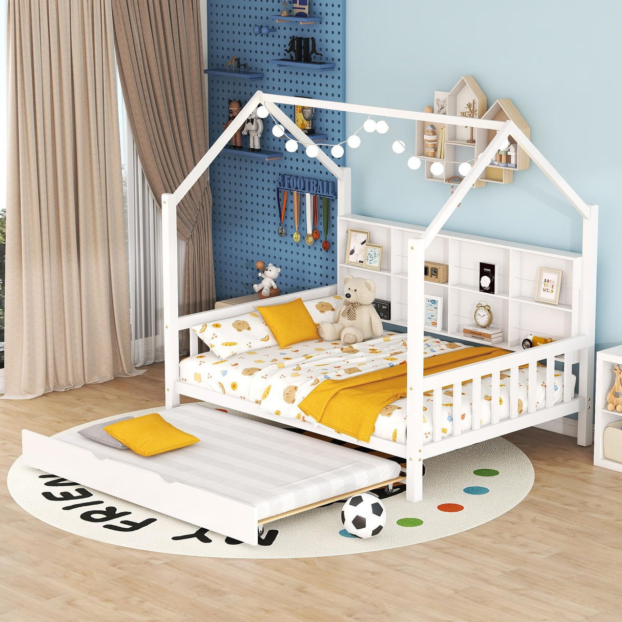 Harper & Bright Designs Full Size House Bed with Trundle, Wood Full House Bed Frame with Shelf Compartment, Full House Bed for Kids with Roof for Girls, Boys,No Box Spring Needed, White Harper & Bright Designs