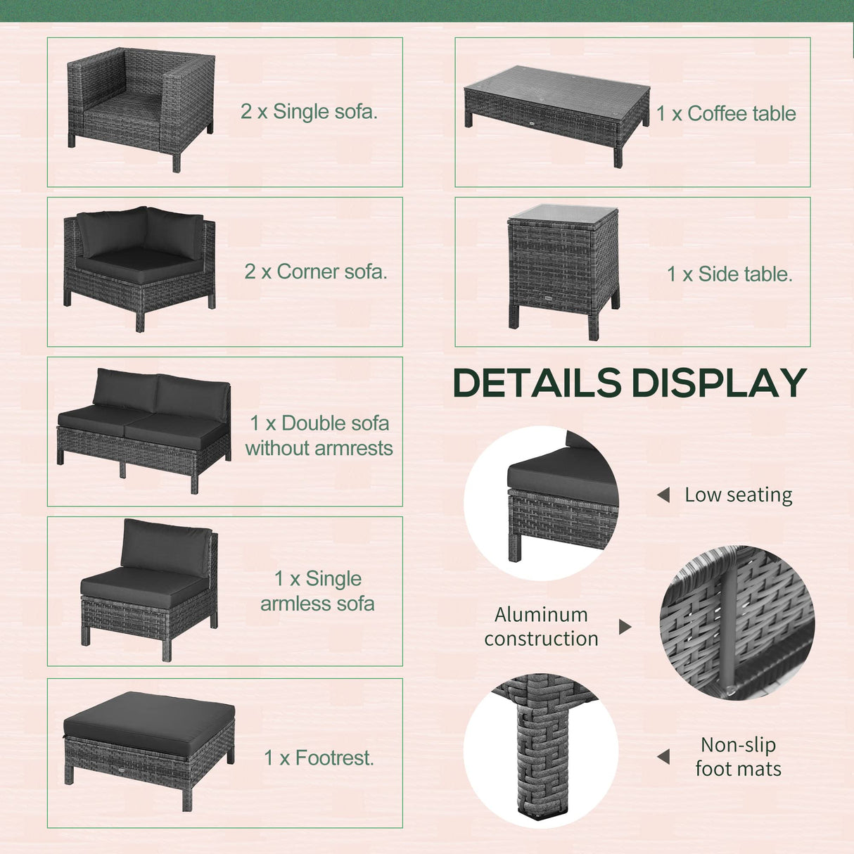 Outsunny Patio Furniture Set, 9 Piece Outdoor Sectional Sofa, All-Weather PE Rattan Wicker Conversation Set with Chairs, Ottoman, Loveseat, Coffee and Side Table, Cushions, Black Outsunny