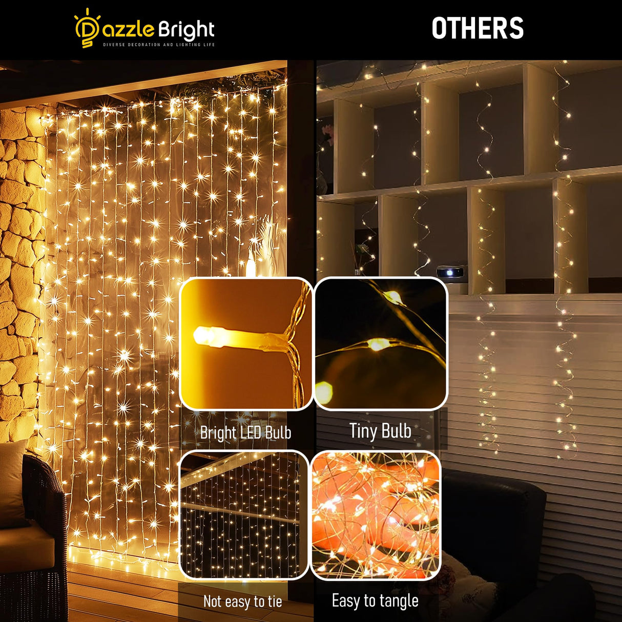 Dazzle Bright 300 LED Curtain Lights, Plug in Fairy Curtain Lights for Bedroom, Christmas Hanging String Lights Outdoor for Window Backdrop Wall Wedding Patio Indoor Dorm Party Decor, Warm White Dazzle Bright