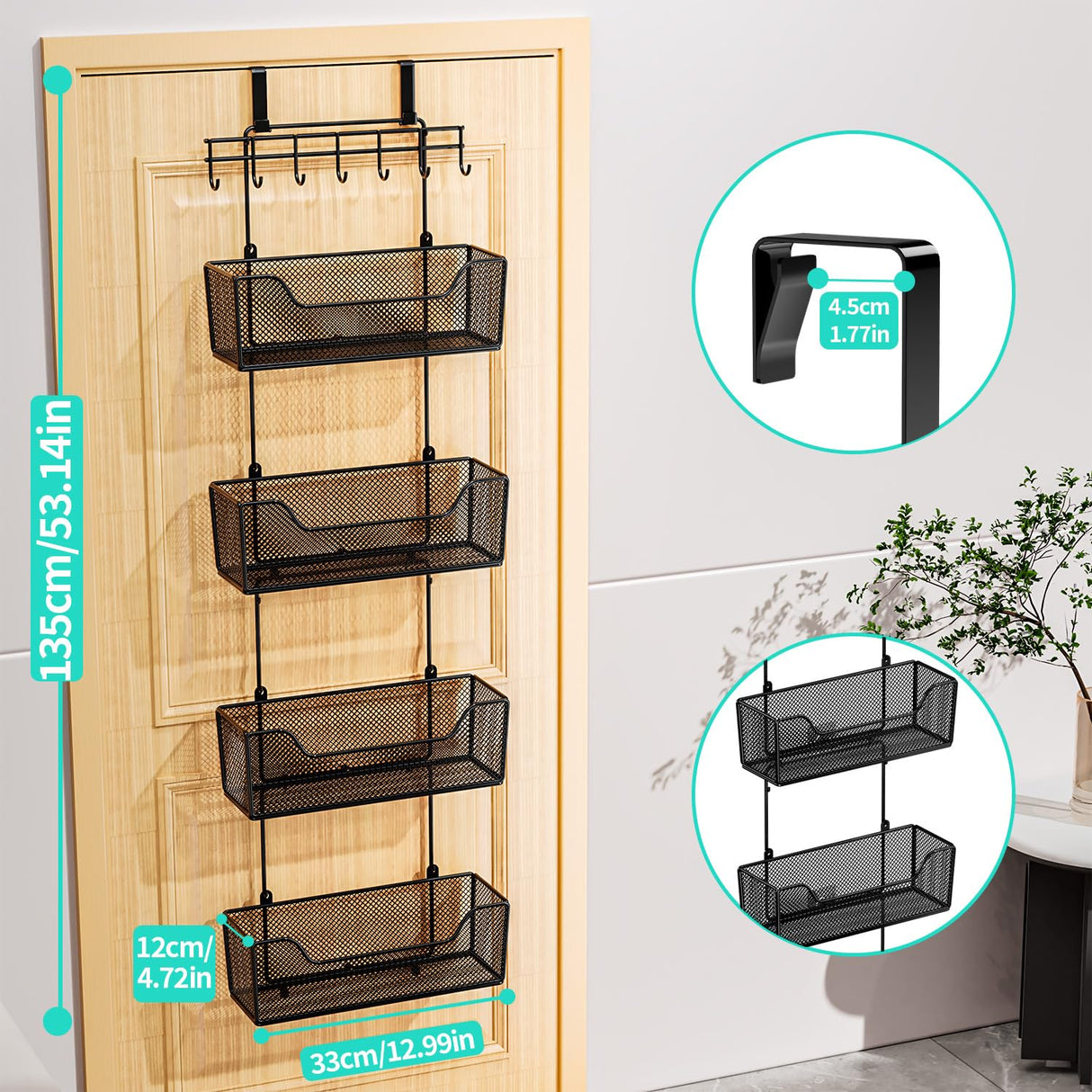 HapiRm Over The Door Organizer - Hanging Door Organizer with 4 Metal Large Capacity Baskets and Adjustable Coat Hook for Bathroom Bedroom Kitchen Pantry Closet Cabinet HapiRm