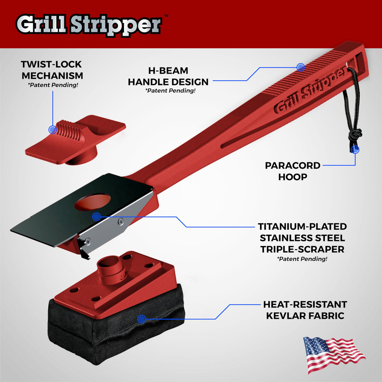 Grill Stripper BBQ Grill Brush – Bristle Free Grill Cleaner for Outdoor Grills with Triple- Grill Scraper, Replaceable Flame-Resistant Kevlar Scrubbing Sponge & Turn-Lock Head Grill Stripper