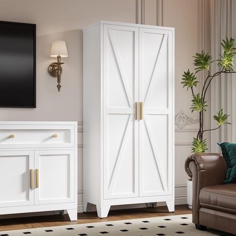 LCAOPC 71" Tall Metal Storage Cabinet with 2 Doors and 4 Adjustable Shelves, 5-Tier Kitchen Pantry Storage Cabinet for Kitchen, Living Room, Dining Room and Office, White LCAOPC