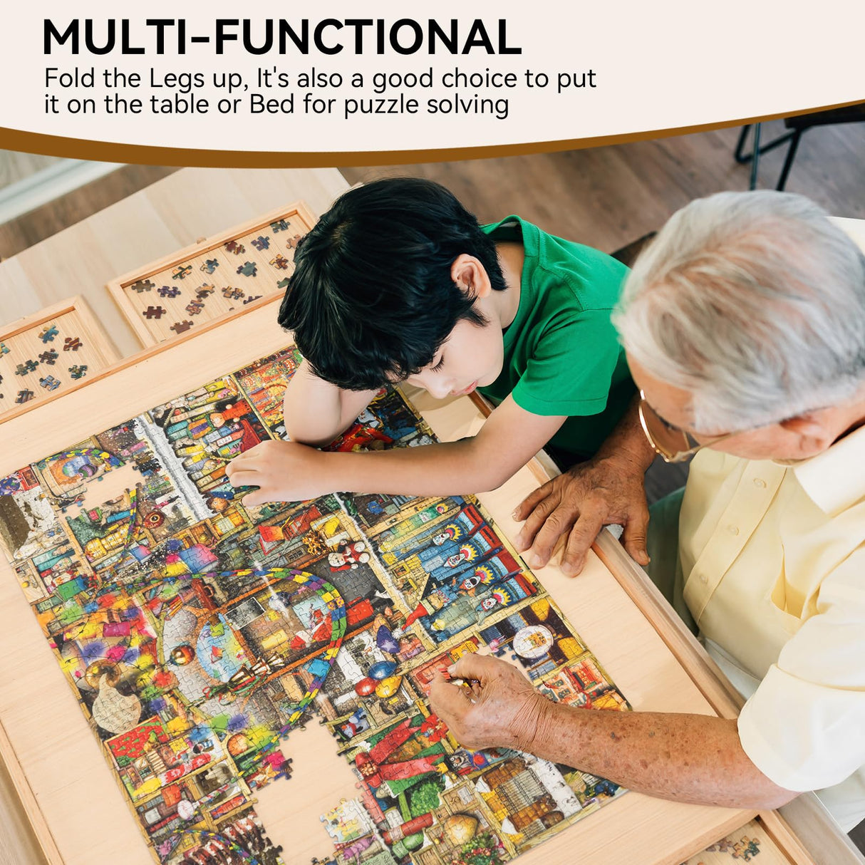 TEAKMAMA 27.6" H Tall Puzzle Board with 4 Drawers, 1500 Piece Puzzle Table with Legs Folding Puzzle Board with Cover, 34.1" W x 26.2" D Large Wood Jigsaw Puzzle Board for Adults, Nature TEAKMAMA