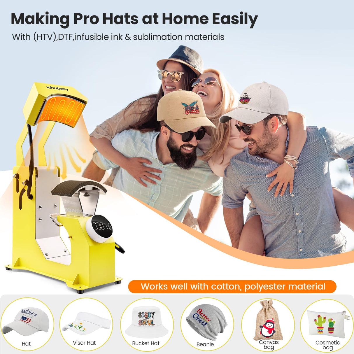 Whubefy 3in1 Hat Press Heat Machine for Caps - Auto Hat Heat Press w/3 Platens - No Crease No Stick - One-Touch Easy Press Cap Heat Press for Hats T-Shirts Small HTV Iron on Vinyl Sublimation Projects Whubefy