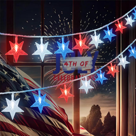 4th of July Decor Red White Blue Stars String Lights, 15 FT 30 LED Fairy Lights Battery Operated Indoor&Outdoor Star Lights for Independence Day President Day Memorial Day ITICdecor