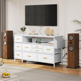 YITAHOME Dresser TV Stand for 55'', 9 Drawer Dresser with Power Outlet, Wide White Drawer with Metal Handle and PU Finish YITAHOME