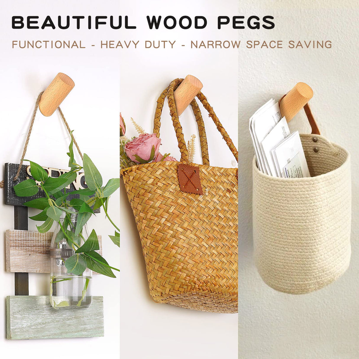 Felidio Wood Wall Hooks, 4 Pack Coat Hooks Mounted Rustic Wooden Heavy Duty Robe Hook Hat Rack | for Hanging Bathroom Towels Clothes Hanger (Beech Wood) Felidio