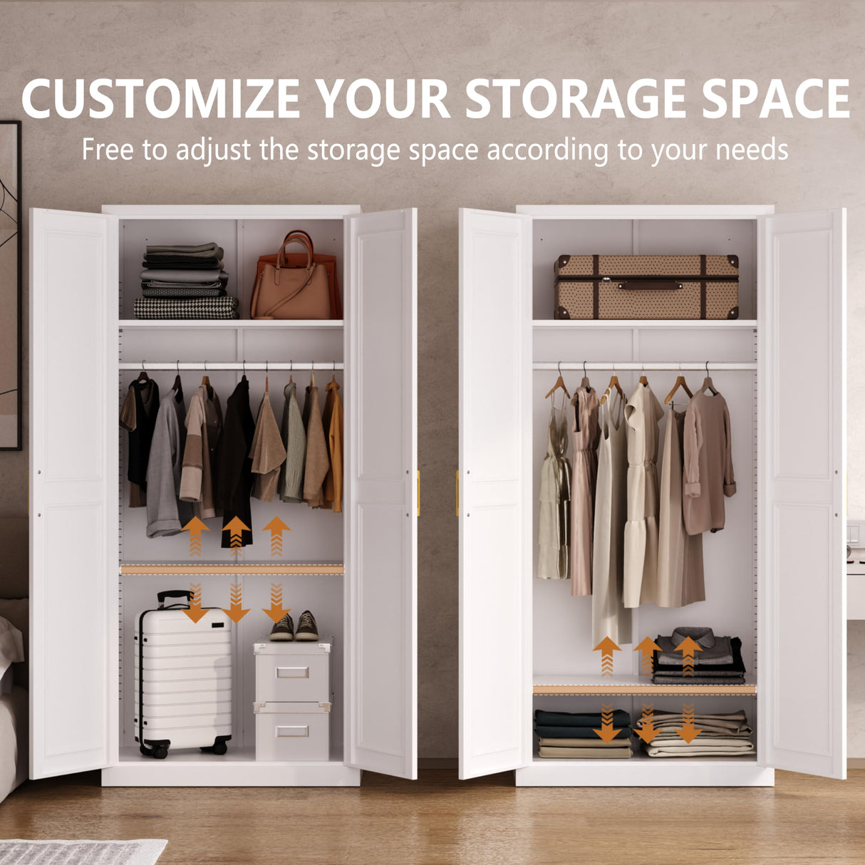 Polup Metal Armoire Wardrobe Closet with Doors and Shelves, 71" Tall Freestanding Wardrobe Cabinet for Hanging Clothes, Large Closet with Hanging Rod for Bedroom, White, Assemble Required Polup