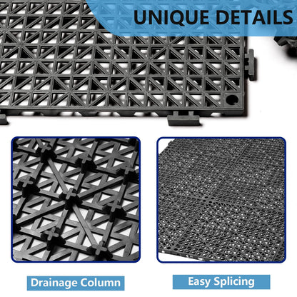 12” x 12” Drainage Interlocking Floor Tiles, 12 Pack Non-Slip Pool Deck Drain Tiles for Flooring, Soft PVC Splicing Modular Cushion Mats, Rubber Floor Tiles with Holes for Shower Basement Garage Shed