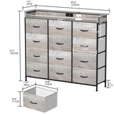 Welfuturer Dresser for Bedroom with 12 Drawers LED Dressers & Chests of Drawers Charging Station Fabric Dresser Storage Organizer Unit for Hallway Entryway Closets Sturdy Steel Frame Wood Top Gray Welfuturer