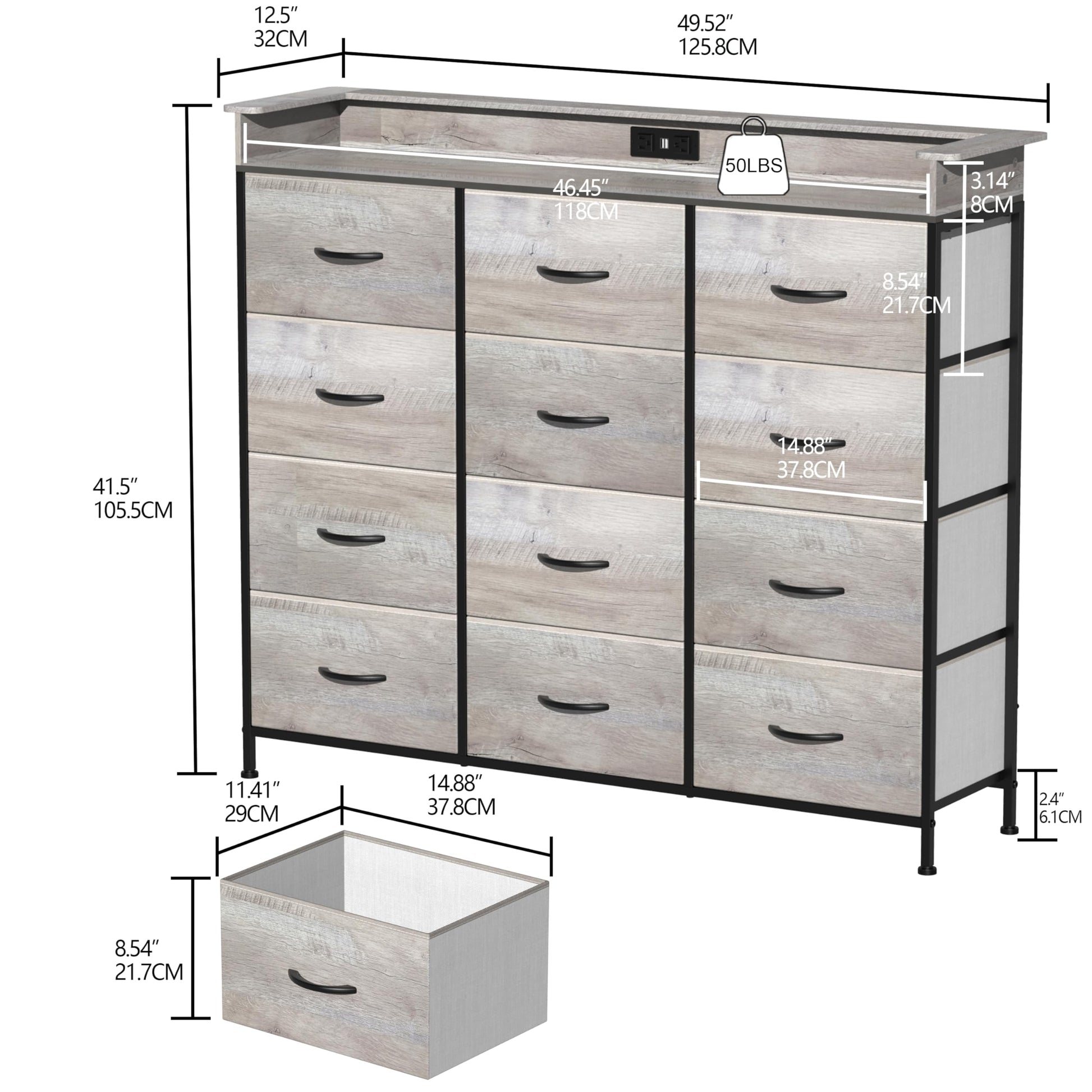 Welfuturer Dresser for Bedroom with 12 Drawers LED Dressers & Chests of Drawers Charging Station Fabric Dresser Storage Organizer Unit for Hallway Entryway Closets Sturdy Steel Frame Wood Top - WoodArtSupply