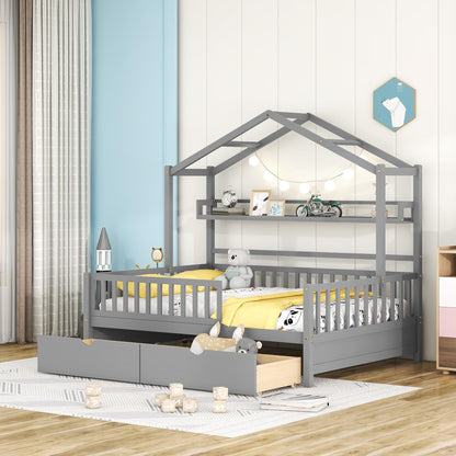 DEINPPA Whimsical House Bed Frame with Drawers and Shelf for Kids – Grey - WoodArtSupply