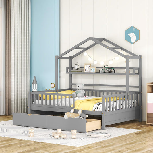 DEINPPA Whimsical House Bed Frame with Drawers and Shelf for Kids – Grey - WoodArtSupply