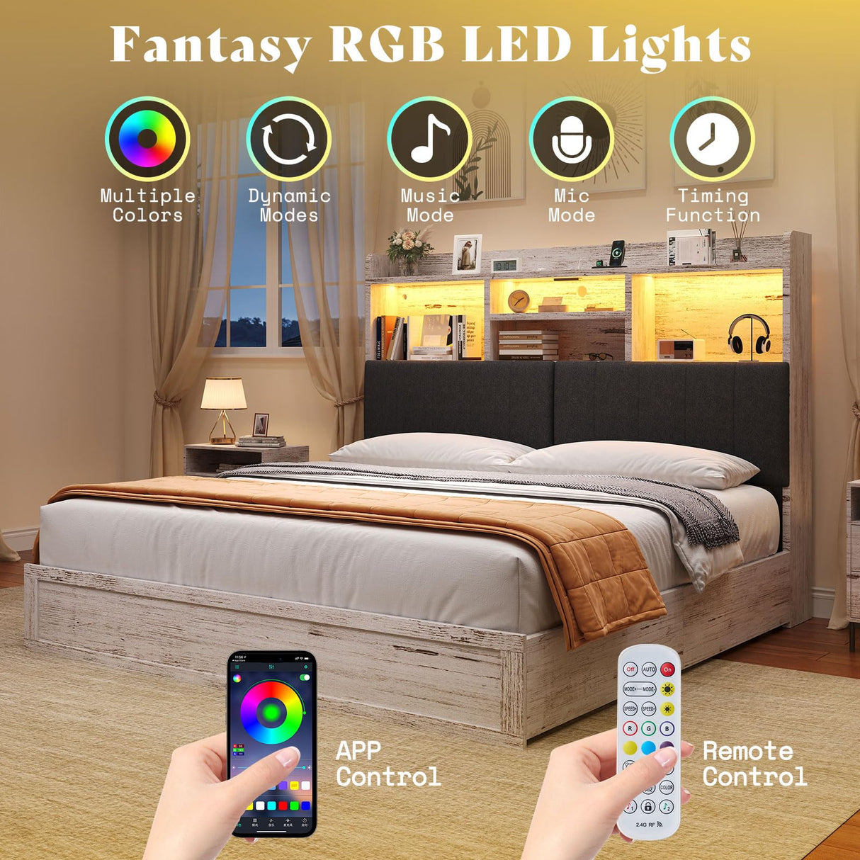 AMERLIFE King Size Bed Frame with 51.2" Tall Bookcase Headboard, Farmhouse Platform Bed with 4 Storage Drawers, Linen Upholstered, Charging Station & Storage, Rustic White AMERLIFE