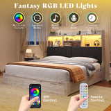 AMERLIFE King Size Bed Frame with 51.2" Tall Bookcase Headboard, Farmhouse Platform Bed with 4 Storage Drawers, Linen Upholstered, Charging Station & Storage, Rustic White AMERLIFE