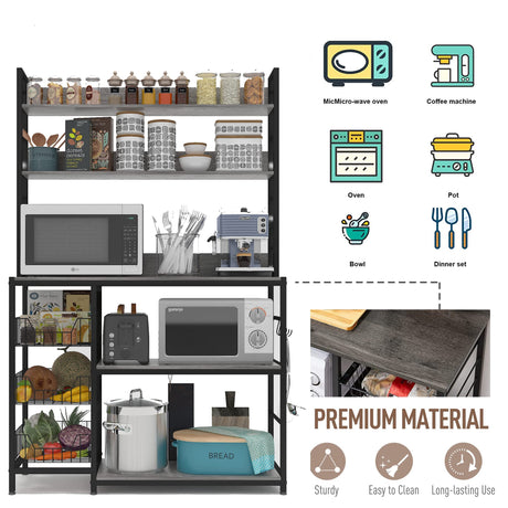 Chnnmbrn Kitchen Bakers Rack with Baskets and Power Outlet,5-Tier Kitchen Utility Storage Shelf with Hooks, Microwave Oven Stand Rack,Vintage Grey Free Standing Kitchen Shelf Chnnmbrn
