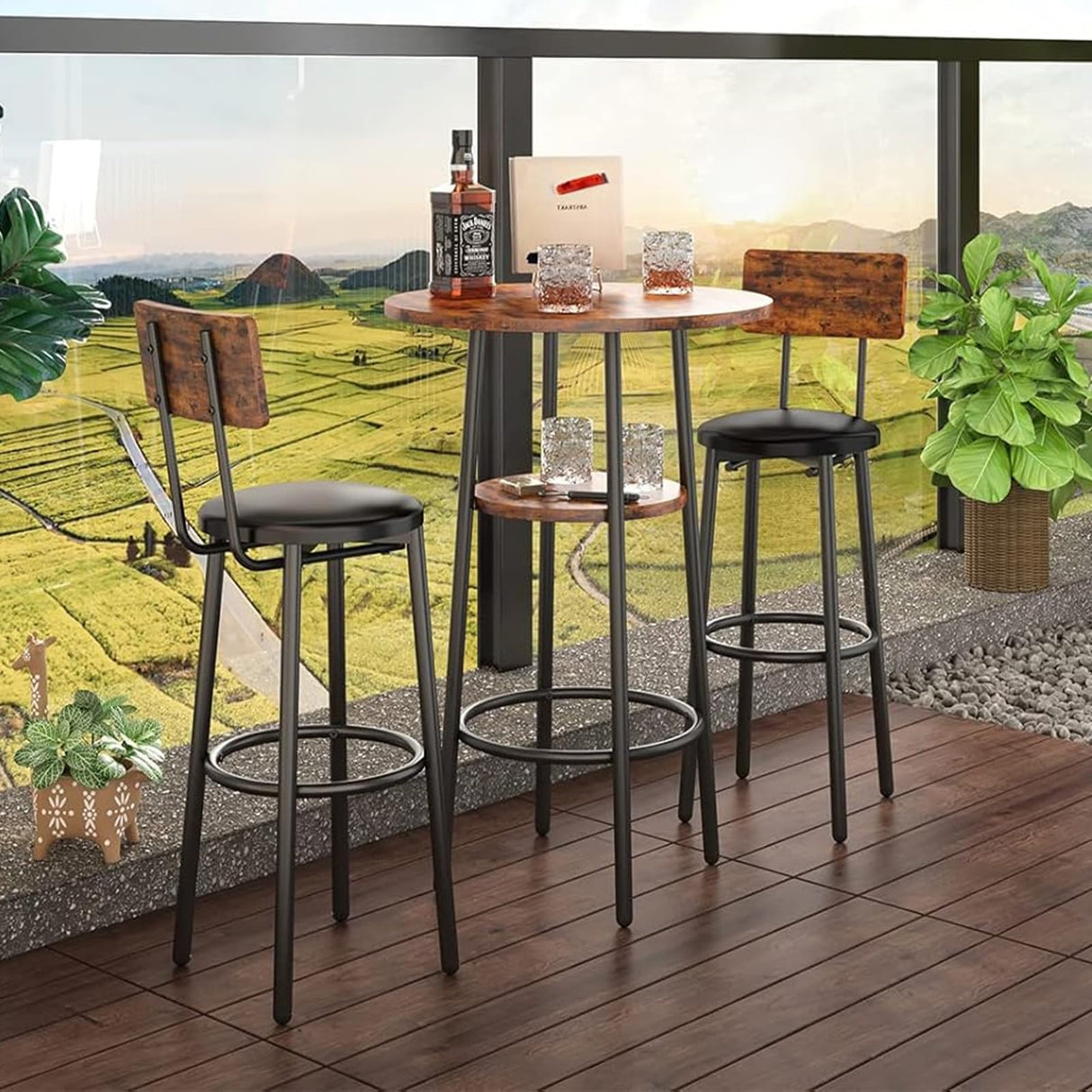 ILCQU 3-Piece Dining Table Set for 2, Small Round Kitchen Table with 2 Chairs, Counter Height Bar Table with Storage, Pub Table and PU Upholstery Stools for Small Space, Apartment, Bistro-Brown ILCQU