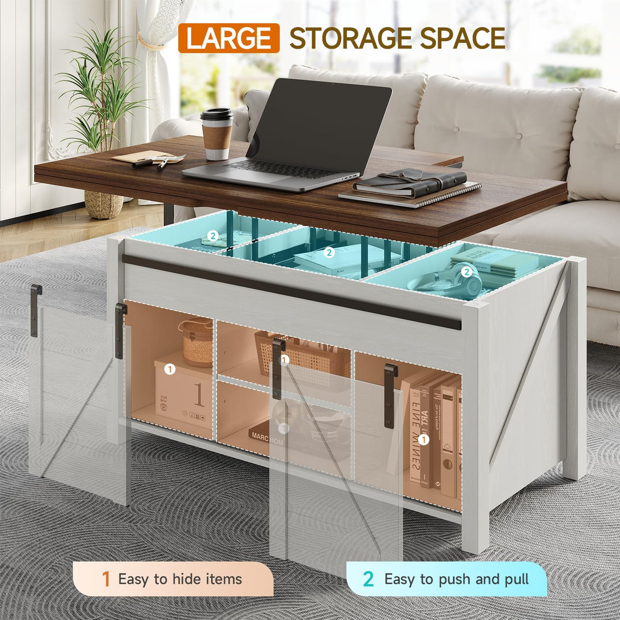 ONBRILL Farmhouse Lift Top Coffee Table with Sliding Barn Door,Rustic Center Table with Hidden Storage Compartment,Storage Coffee Table Converts to Dining Table for Living Room,Office,White and Brown ONBRILL