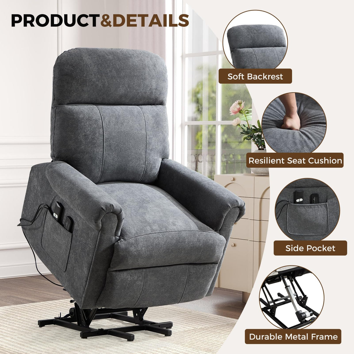 HAOMARKETS Power Lift Recliner Chair with Massage and Heat for Elderly, Electric Recliners with Remote Control,Soft Fabric Upholstered Reclining SingeSofa with Side Pocket for Living Room, Grey HAOMARKETS