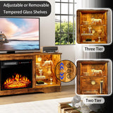 PRETZI Fireplace TV Stand -16 Colors LED Light Entertainment Center with 18" Electric Fireplace Heater & Remote Control,58" TV Media Console with Glass Shelves and Storage for Living Room,Brown PRETZI