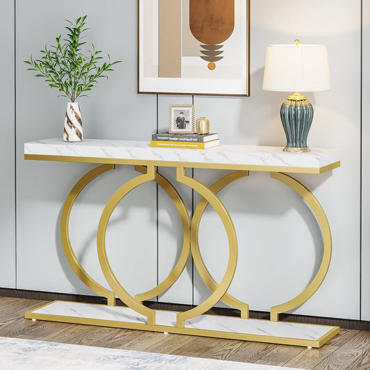 Tribesigns Gold Console Table, 55 inch Faux Marble Entryway Table Narrow Long Sofa Table, Modern Accent Table for Living Room, Entrance Table Geometric Metal Frame, White and Gold - WoodArtSupply