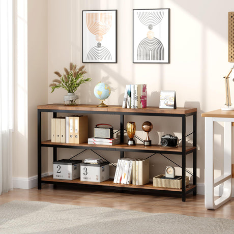 Semoic 3-Tier Industrial Bookshelf, Wide Wood Horizontal Bookcase, Open Large Book Shelf with Metal Frame, Display Rack Shelving Unit, Storage Organizer for Living Room, Bedroom & Study, Brown Semoic