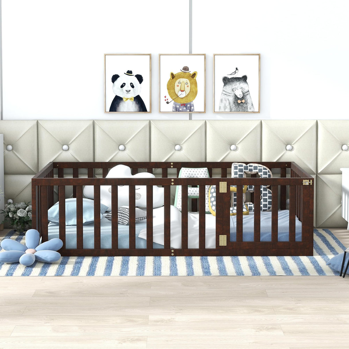 Harper & Bright Designs Twin Walnut Montessori Floor Bed with Fenced Design and Door for Kids Harper & Bright Designs