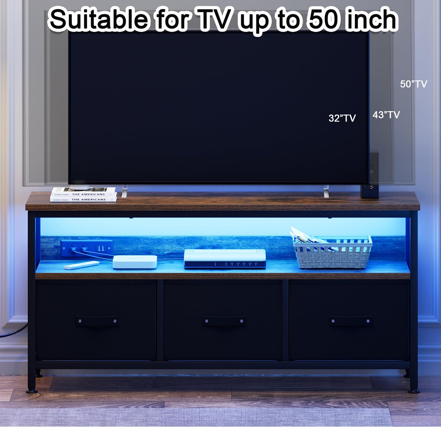 J-yaamiZz 39" TV Stand for TVs up to 50", Media Console with Charging Station & LED Lights, 2 Drawer Storage Chest, Gaming Entertainment Center with Storage for Living Room, Brown, Medium - WoodArtSupply