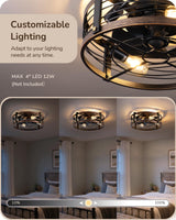 EDISHINE 21" Pre-Assembled Ceiling Fans with Lights Flush Mount, 10%-100% Dimmable, Rustic Low Profile Caged Ceiling Fan with Remote, Small Farmhouse Fan Light Ceiling for Kitchen Bedroom Brushed Gold EDISHINE
