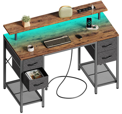 Huuger 47 inch Computer Desk with 4 Drawers, Gaming Desk with LED Lights & Power Outlets, Home Office Desk with Large Storage Space for Bedroom, Work from Home, Rustic Brown7061ZC - WoodArtSupply