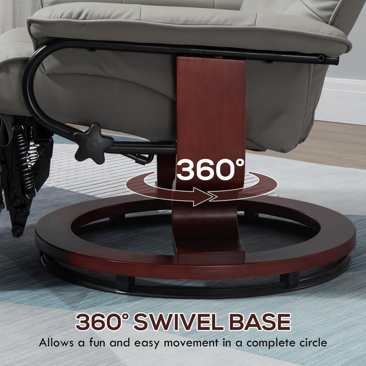 HOMCOM Swivel Recliner Chair, PU Leather Adjustable Lounge Chair with Footrest, Armrest, Wooden Base, Plush Recliner for Living Room, Gray HOMCOM