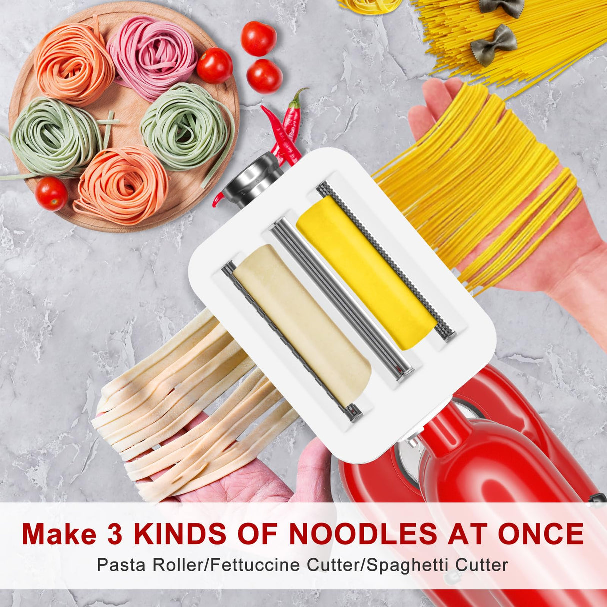 AIKAMI Metal Pasta Maker Attachment for Kitchenaid Stand Mixers 3 in 1 Set Includes Pasta Roller Spaghetti Cutter & Fettuccine Cutter and Cleaning Brush, Pasta Attachment AIKAMI