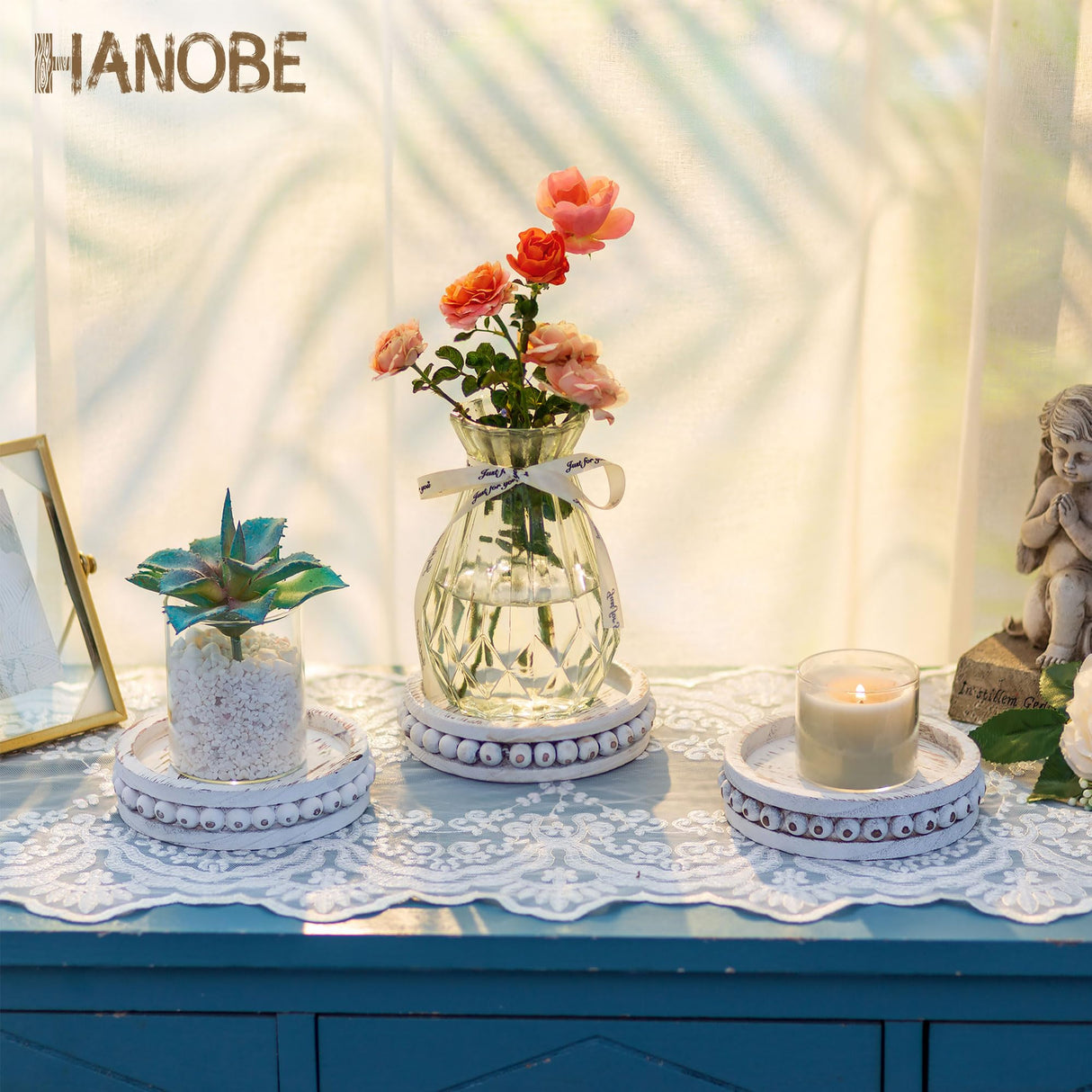 Hanobe Wood Plate Candle Holder: Small Candle Plate Set of 3 Decorative White Washed Beaded Candle Tray Round Candle Stick Holders Farmhouse Table Centerpiece for Fireplace Dining Room Home Decor Hanobe