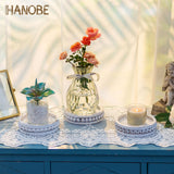 Hanobe Wood Plate Candle Holder: Small Candle Plate Set of 3 Decorative White Washed Beaded Candle Tray Round Candle Stick Holders Farmhouse Table Centerpiece for Fireplace Dining Room Home Decor Hanobe