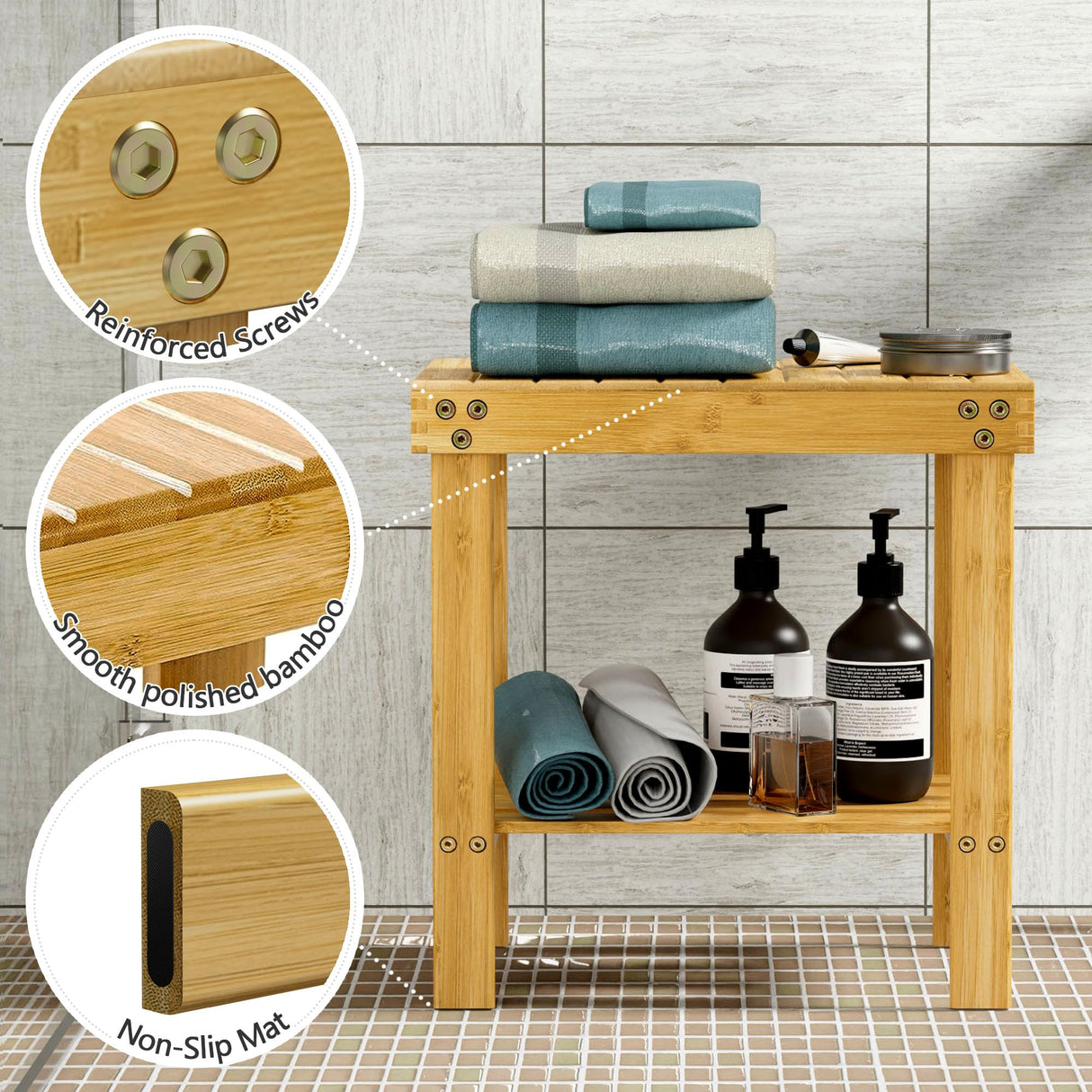 Glavbiku Bamboo Shower Bench, Shower Chair with Non-Slip Feets Storage Shelf Safe and Stable, Kids Adults Wooden Stool for Home, Bathroom, Bedside, Living Room Glavbiku