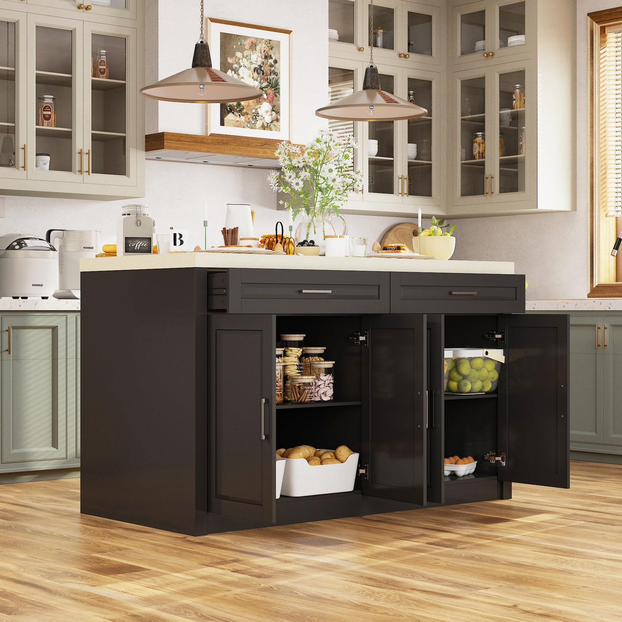 Homsee 61" W Large Kitchen Island with Charging Station, 2 Drawers & Adjustable Shelves, Modern Stationary Kitchen Prep Table Coffee Bar Cabinet for Dining Room, Black & Beige Homsee