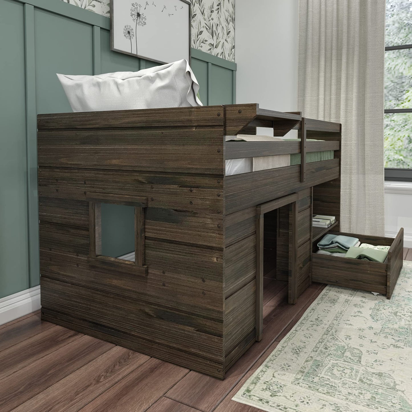 Max & Lily Barnwood Brown Twin Low Loft Bed with Storage Drawer and Ladder - WoodArtSupply