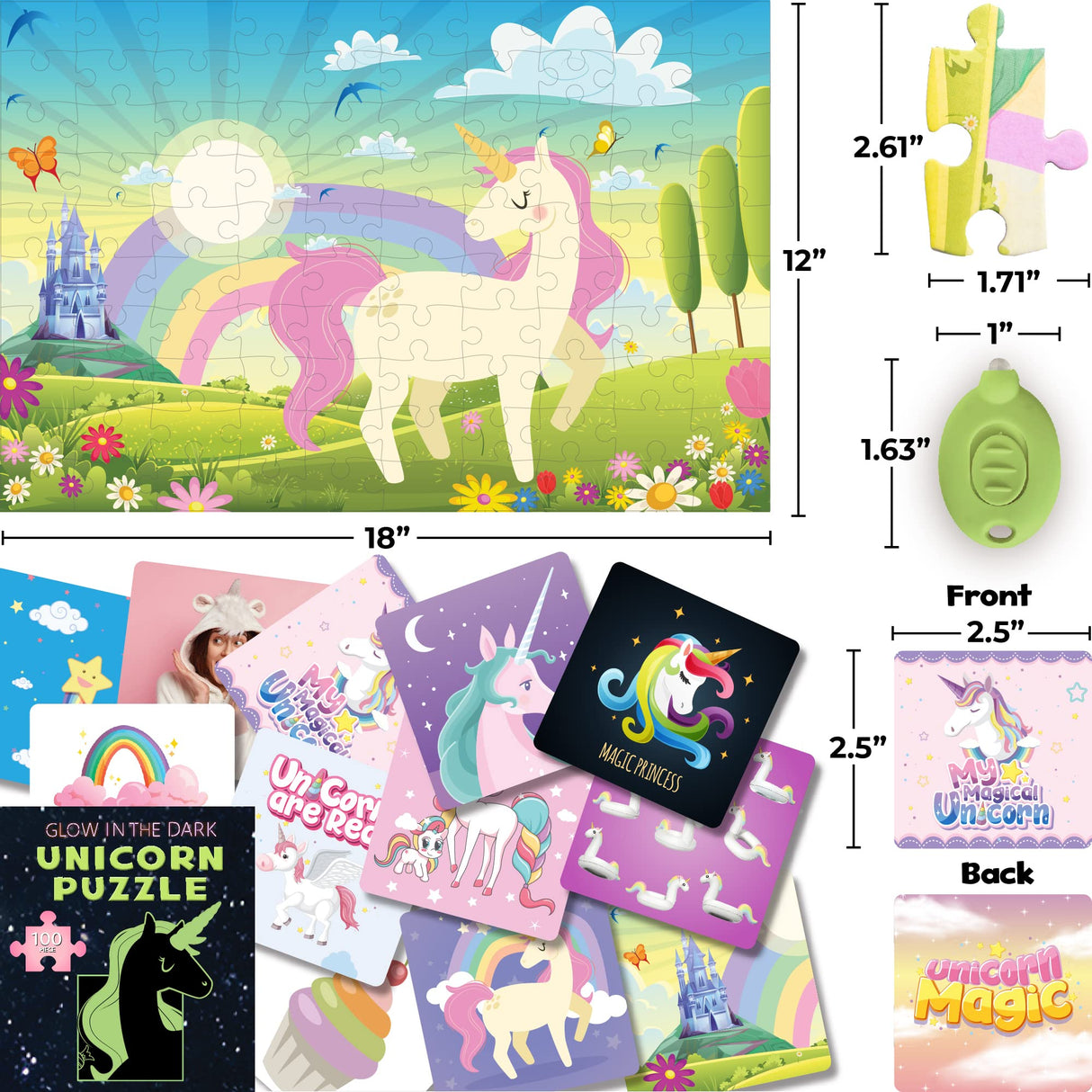 Hapinest 100 Piece Unicorn Puzzle Glow-in-The-Dark Puzzle for Kids Girls & Boys, Birthday Gift w/Bonus Memory Matching Cards & LED Flashlight, Jigsaw Puzzles for Kids Ages 5 6-8 10-12 Years Old and Up Hapinest