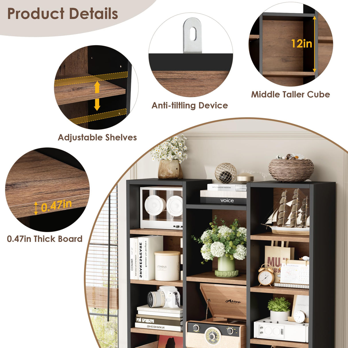 FOTOSOK 71’’ Tall Bookshelf, Triple Wide Bookshelf with Adjustable Shelves, 8 Tier Media CD DVD Storage Tower Rack, Diaplay Cabinet Shelf, Cube Storage Organizer Shelf for Home Office, Black/Brown FOTOSOK