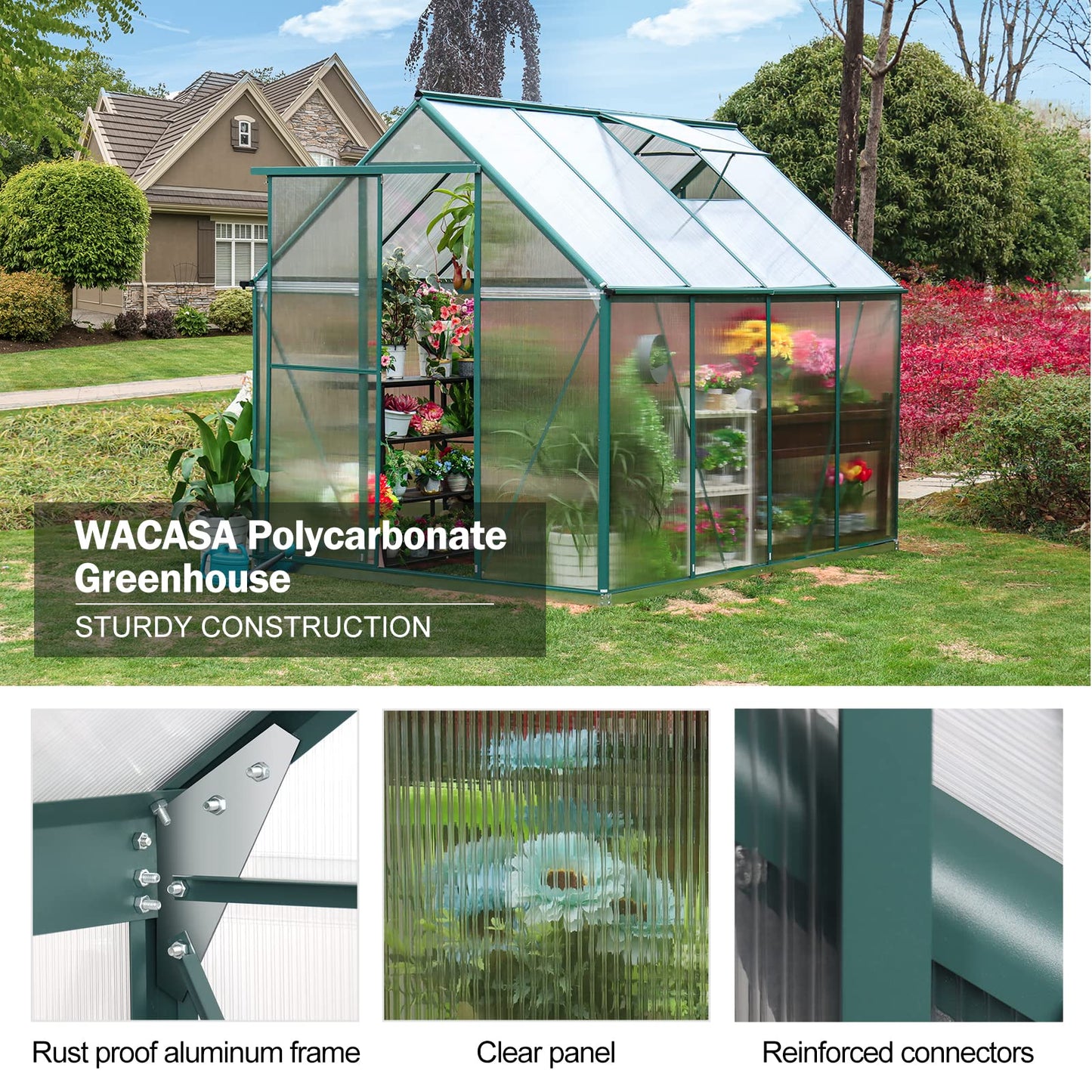 WACASA 8x6 FT Polycarbonate Greenhouse Kit for Outdoors ,Heavy Duty Aluminum Walk-in Greenhouse with Swing Door,Rain Gutter and Ventilation Window,Green House for Sunroom,Garden,Backyard - WoodArtSupply