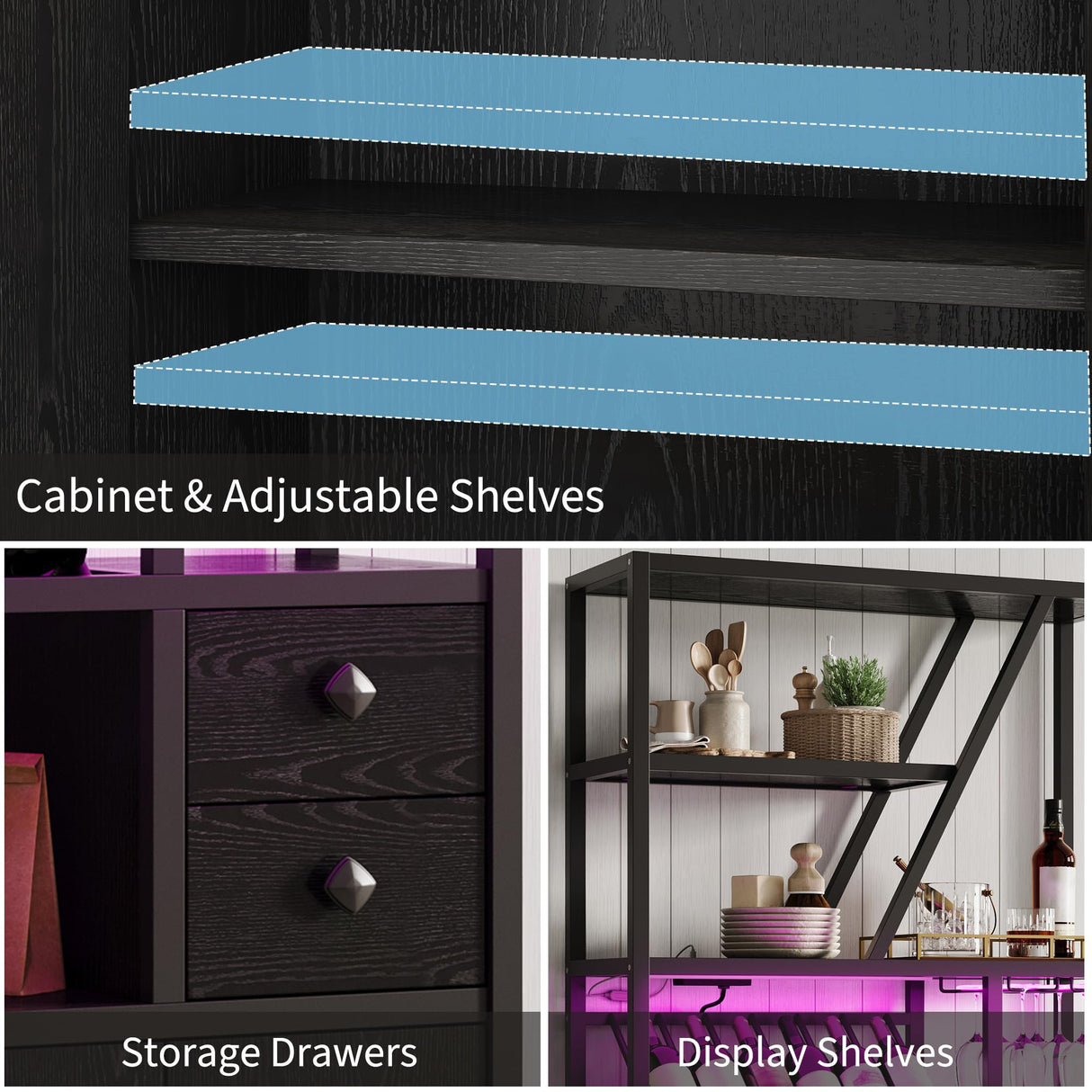 GAOMON Bar Cabinet with Power Outlets, 71.2" Tall Wine Liquor Cabinets with LED Lights and Glass Holder, Coffee Bar Station for Living Room, Microwave Stand Bakers Rack Cabinets GAOMON