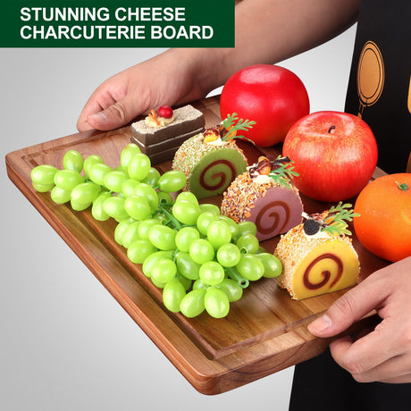 Extra Large Acacia Wood Cutting Board Set of 3 Wooden Chopping Board With Holder Fruit Cutting Board Charcuterie Boards for Kitchen Bread Cheese Serving Board Meat Cutting Board Carving Board Gtencemen