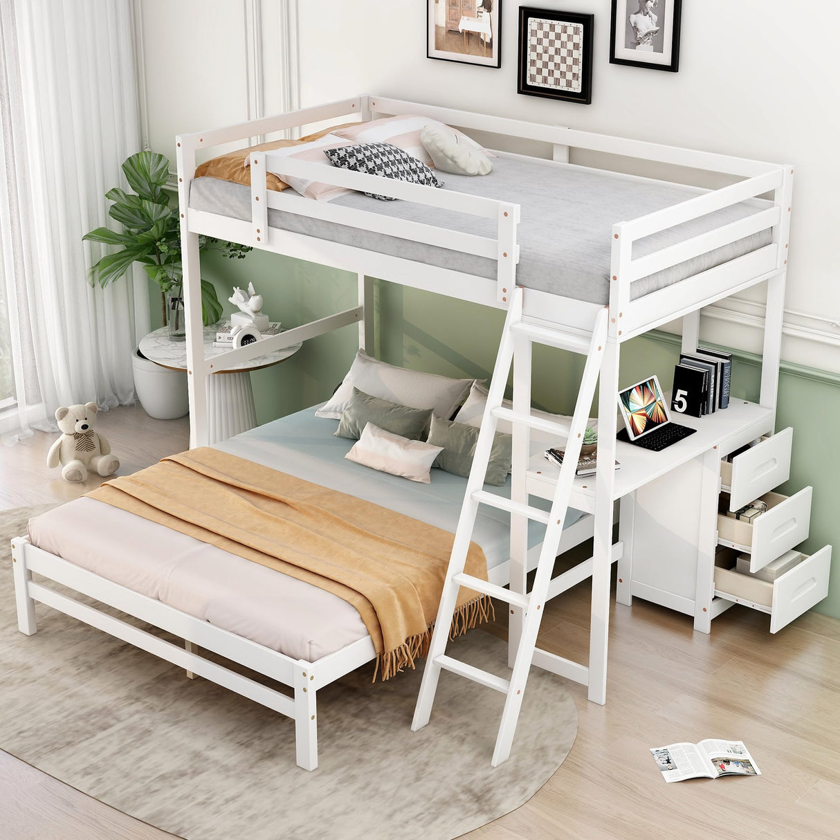 YOPTO White Twin over Full Bunk Bed with Built-in Desk and Storage Drawers, Convertible L-Shaped Design for Kids and Teens YOPTO