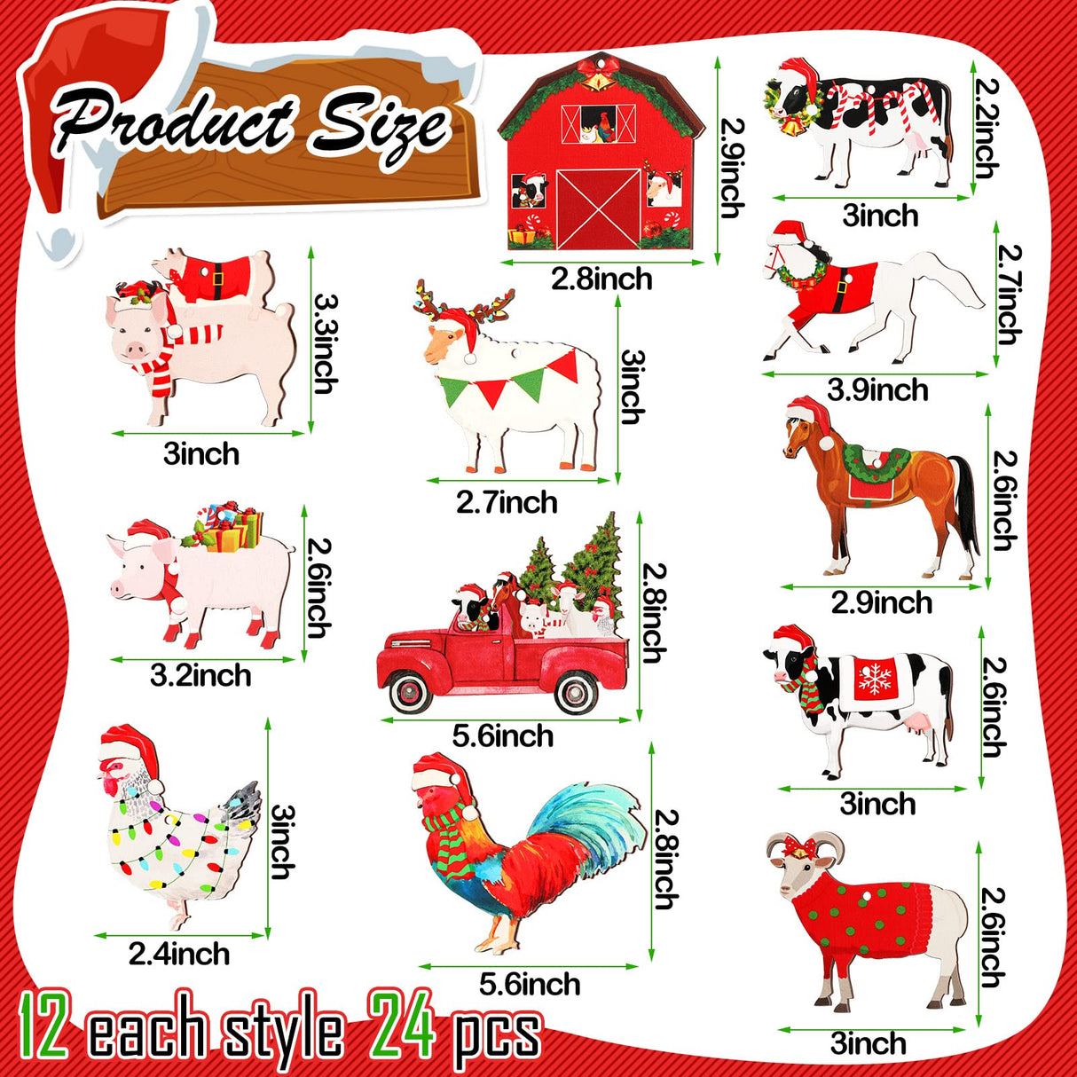 24 Pcs Wooden Farm Animal Christmas Ornaments Wooden Christmas Farmhouse Rustic Ornaments Hanging Red Truck Christmas Tree Decorations Cow Pig Rustic Christmas Decor Ornaments for Xmas Trees Crafts Gerrii