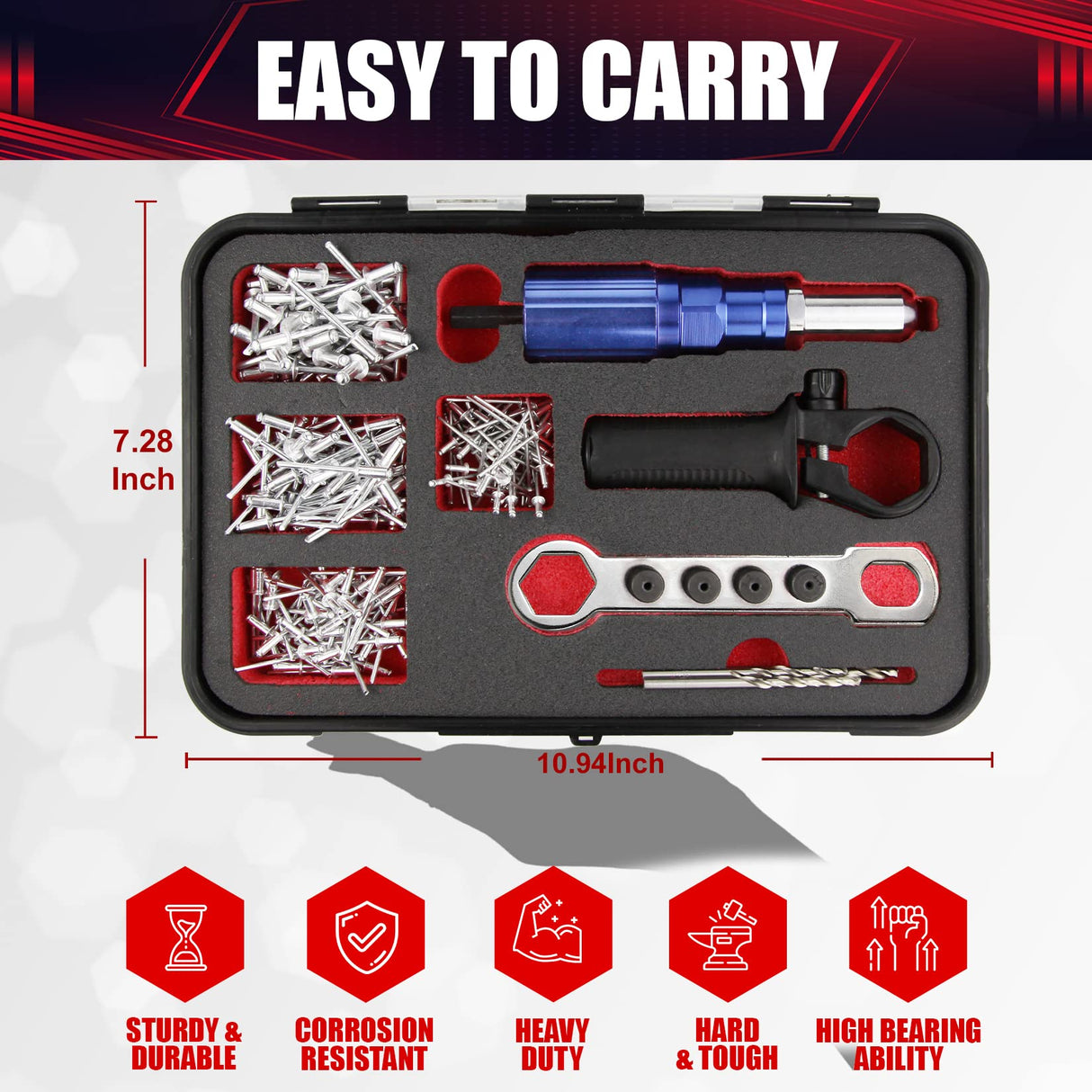 wesleydrill Rivet Gun Adapter Kit,Professional Riveting Insert Nut Hand Tool Kit,2.4/3.2/4.0/4.8mm Diameter Rivet Head, Aluminum Housing, Fit for Cordless Drill,Sheet Metal Work wesleydrill