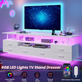 BTHFST LED TV Stand with Power Outlets for 65 70 Inches TVs, Entertainment Center with Open Shelves & 6 PU Fabric Drawers, TV Media Console Table for Living Room, Bedroom, White BTHFST