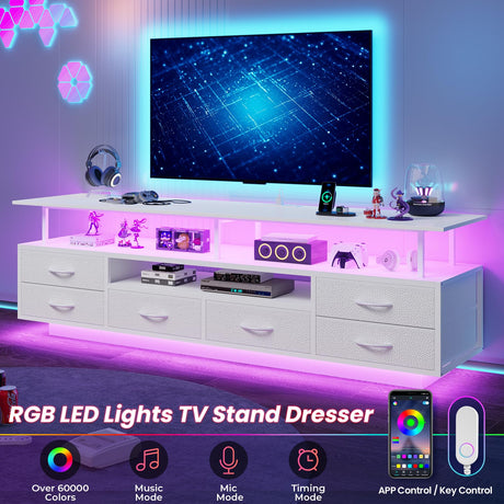 BTHFST LED TV Stand with Power Outlets for 65 70 Inches TVs, Entertainment Center with Open Shelves & 6 PU Fabric Drawers, TV Media Console Table for Living Room, Bedroom, White BTHFST