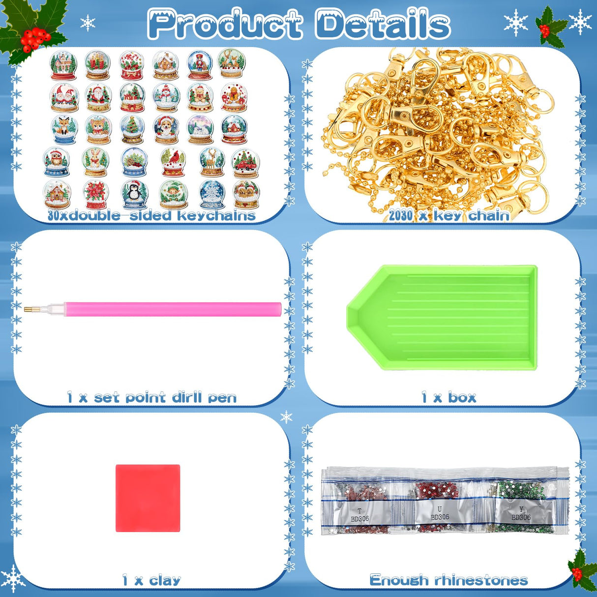 WILLBOND 30 Pcs Christmas Diamond Art Keychain Kits Double Sided Crystal Ball Diamond Painting Keychain 5d DIY Christmas Hanging Key Chains for Xmas Party Decoration DIY for Adults WILLBOND